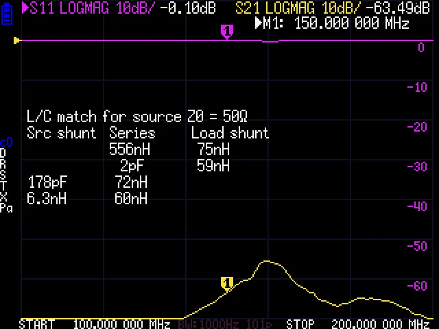 NanoVNA-H L/C match measurement overlay showing matching network component values for 50 ohm source impedance