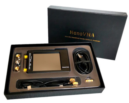 NanoVNA-H handheld vector network analyzer showing a Smith chart measurement on its LCD display